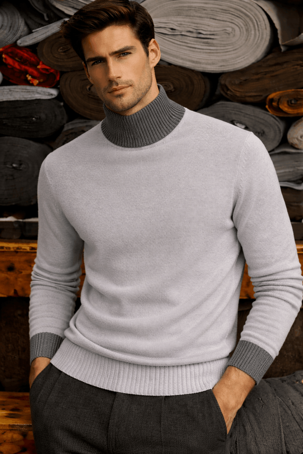 Classic Turtle Neck Light Grey Cashmere Sweater