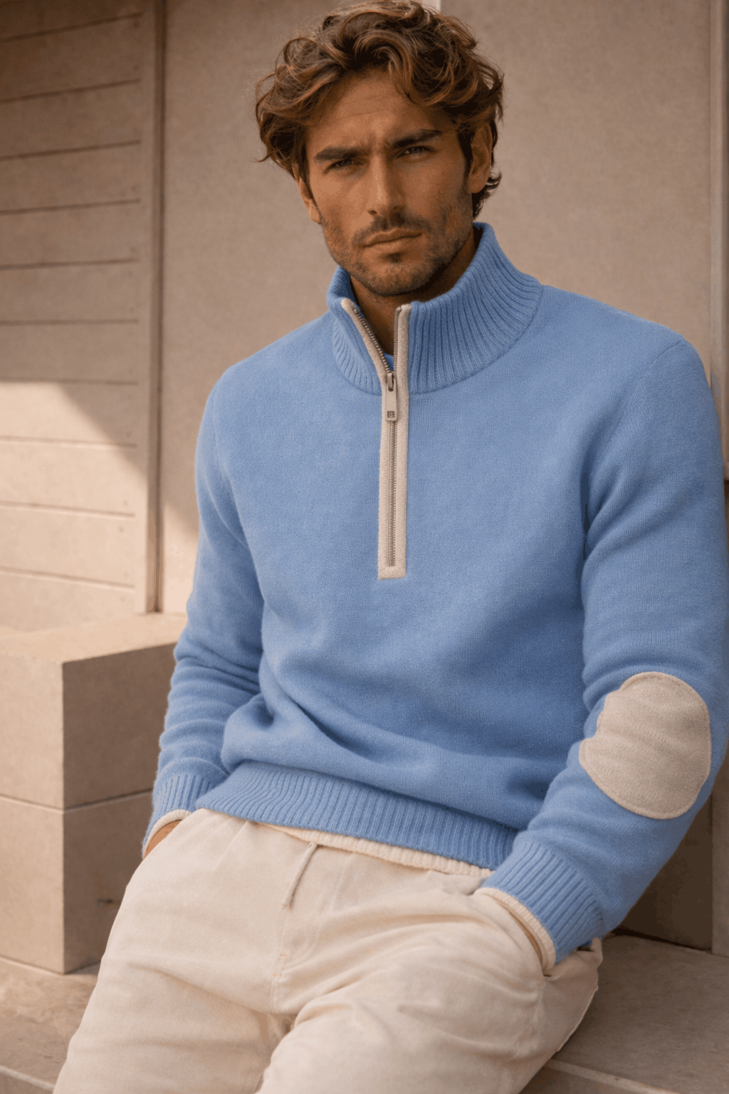Classic Half Zip Blue Cashmere Sweater