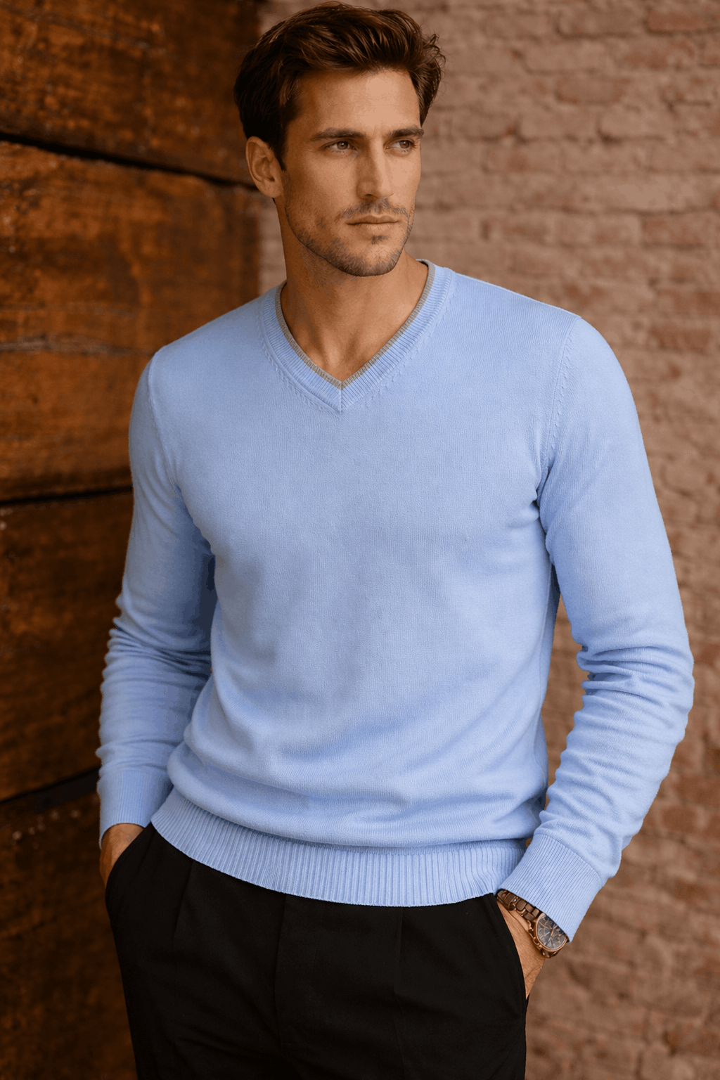 Classic V Neck Blue/Grey Cashmere Sweater