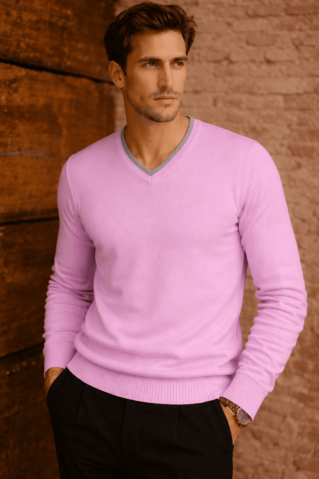 Classic V-Neck Pink/Grey Cashmere Sweater