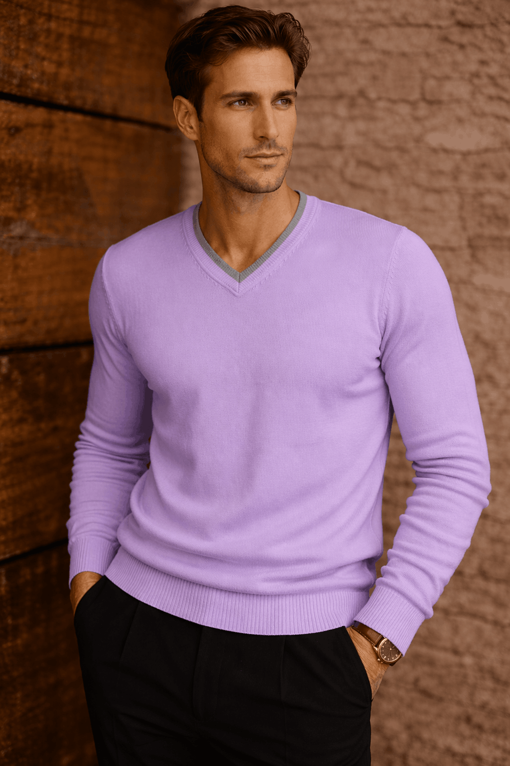 Classic V-Neck Purple/Grey Cashmere Sweater