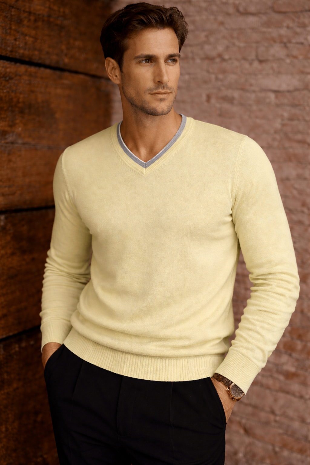 Classic V-Neck Green/Grey Cashmere Sweater