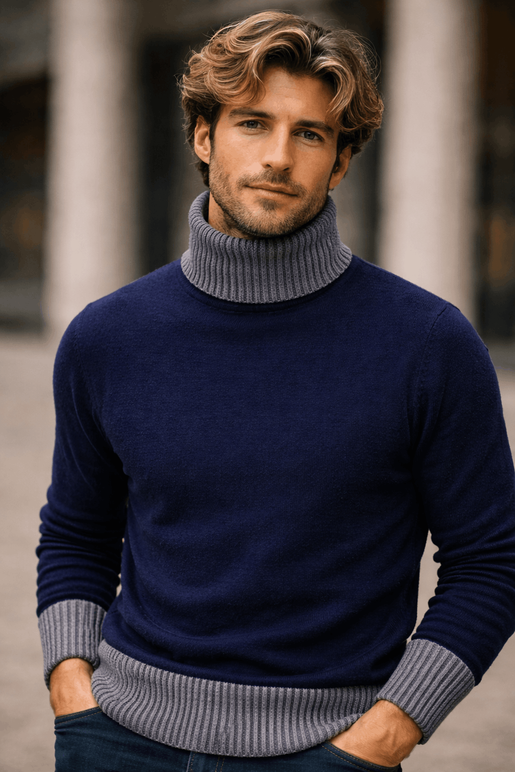Classic Navy/Medium Blue Turtle Neck Cashmere Sweater