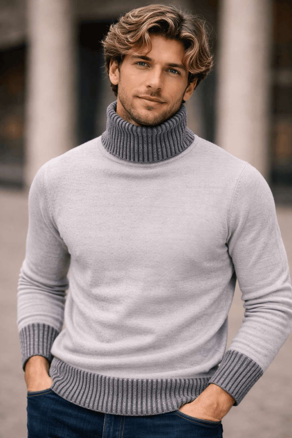 Classic Grey/Charcoal Grey Turtle Neck Cashmere Sweater