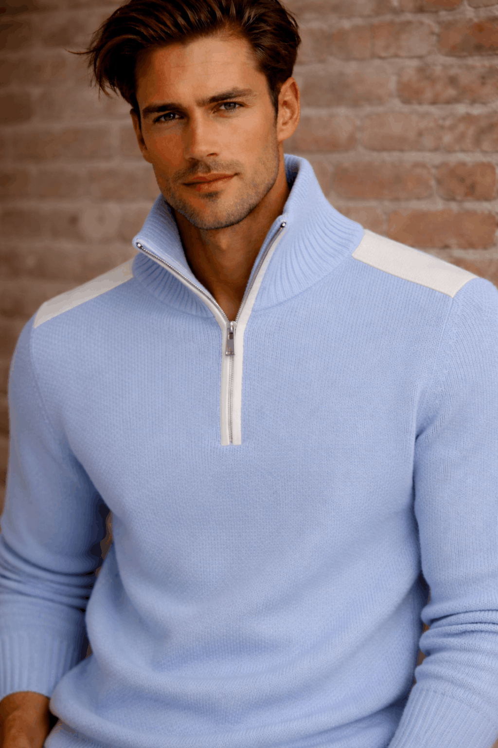 Classic Half Zip – Baby Blue Cashmere Sweaters Swede Trims