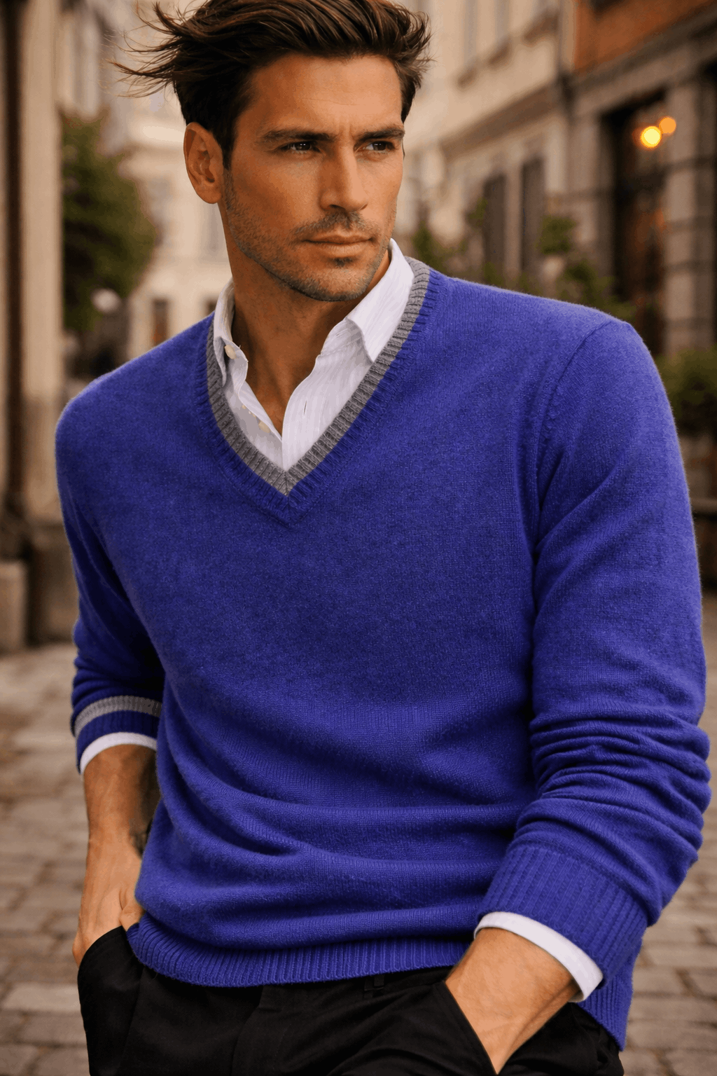 Men’s Long Sleeves V-Neck With Tipping Stripe