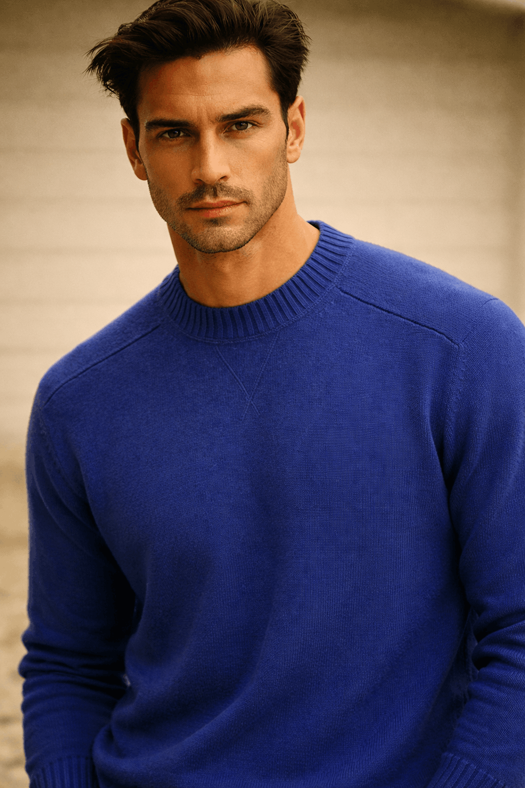 Crew Neck with V-Neck Notch Long Sleeves Sweater