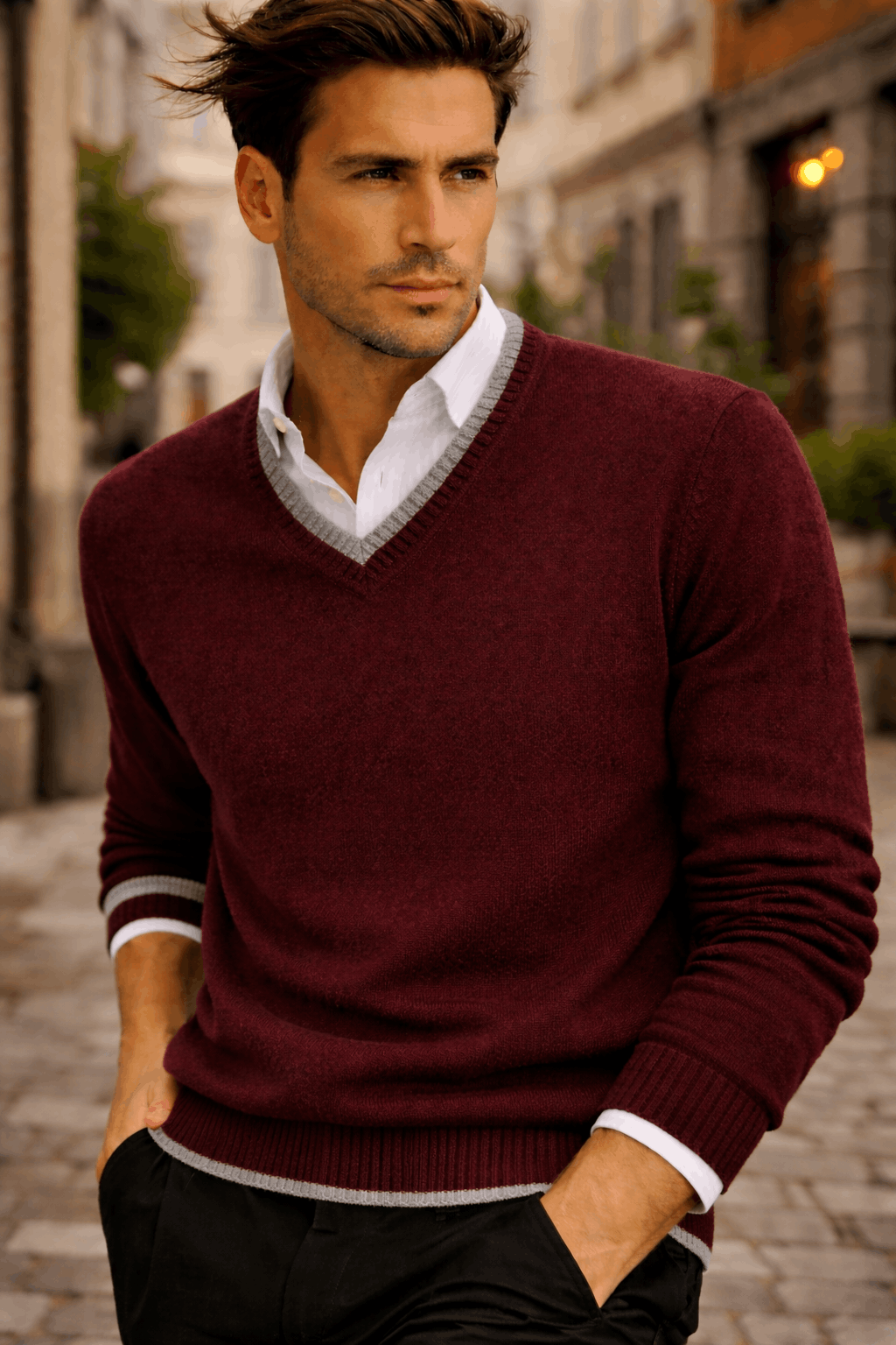 Men's Long Sleeves V-Neck With Tipping Stripe - Image 2