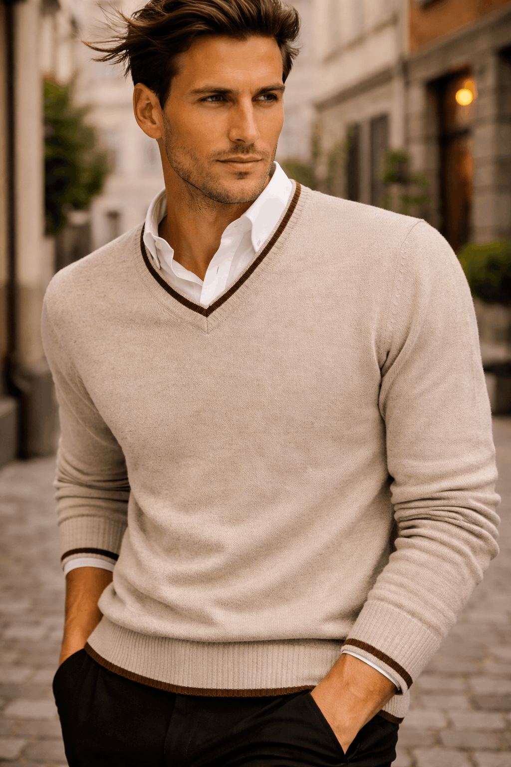 Men's Long Sleeves V-Neck With Tipping Stripe - Image 3