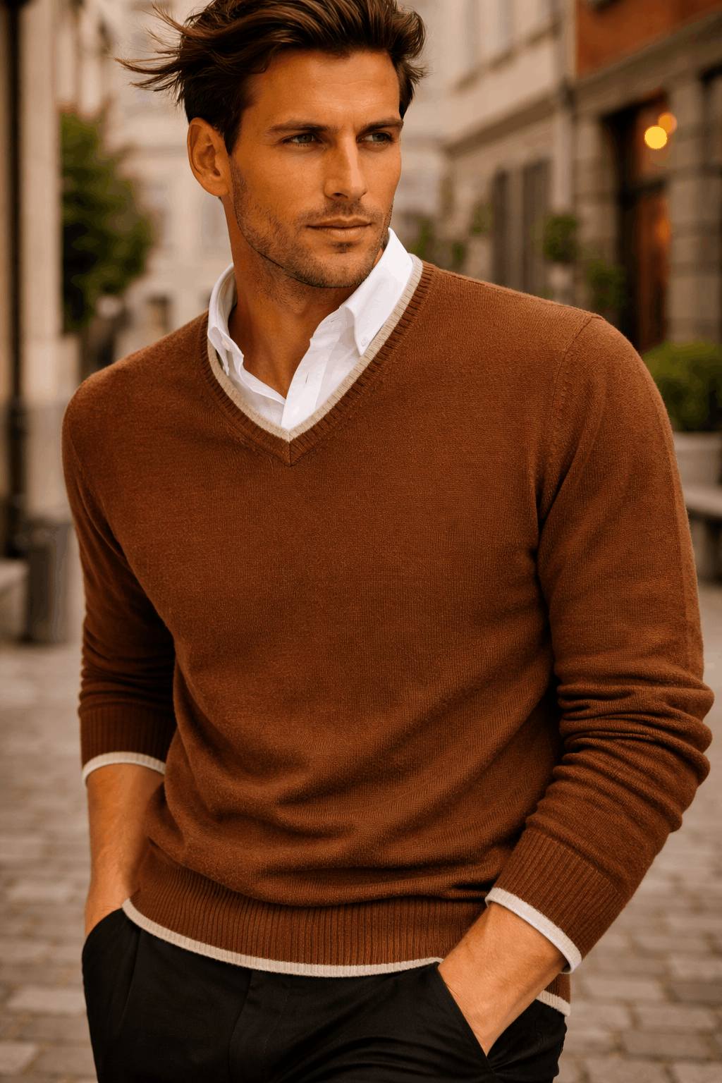 Men's Long Sleeves V-Neck With Tipping Stripe - Image 4