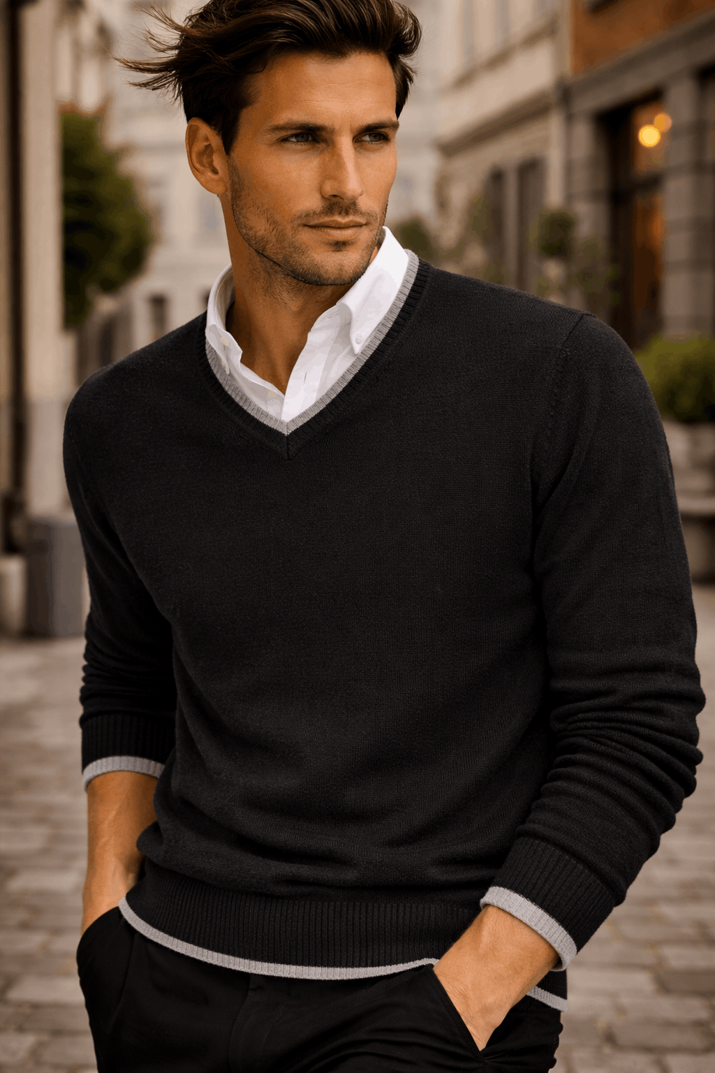 Men's Long Sleeves V-Neck With Tipping Stripe - Image 5