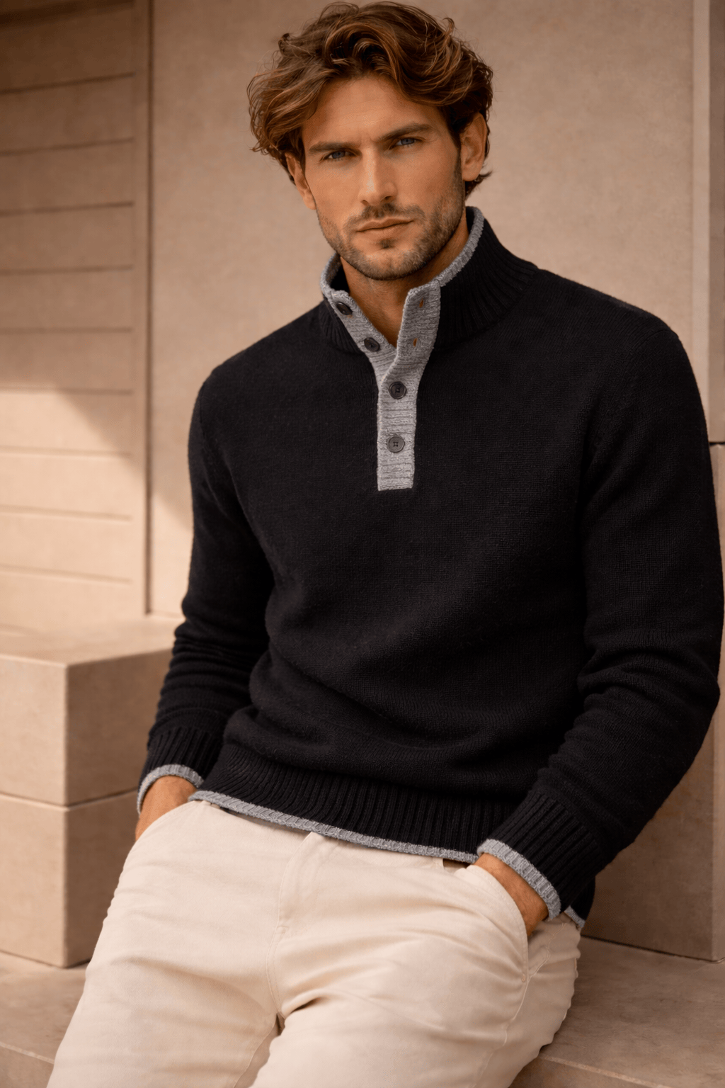 Button Placket Neck Up Long Sleeves Sweater
